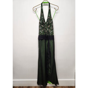 Vintage Cire A Division Of Landa Women's Maxi Black/Neon Green Halter Dress, Sz8